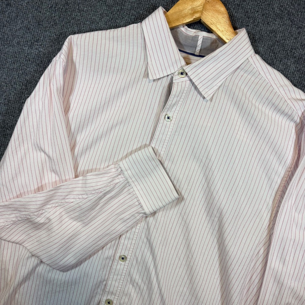 Tommy Bahama Jeans Mens Red White Pinstripe Long Sleeve Button Down Shirt TD4202